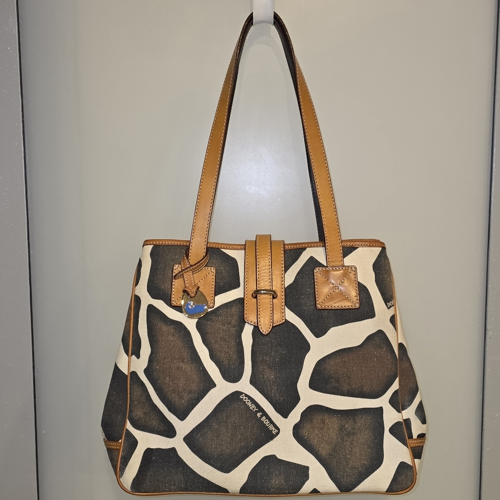 DOONEY & BOURKE Canvas Giraffe Print Tote Brown & Cream w/ Tan Leather Trim